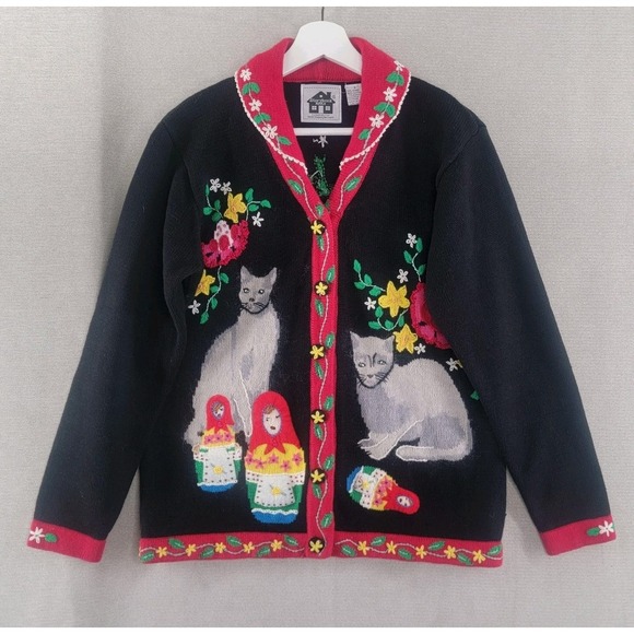 Storybook Knits Sweaters - Storybook Knits Sweater Embroidered Cat Russian Nesting Doll Cardigan Size Small